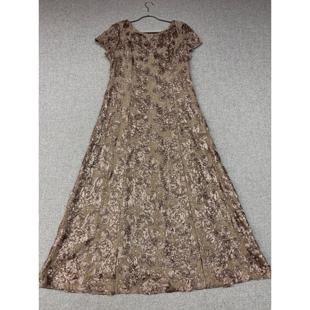 Alex Evenings Dress 16P Taupe Brown 3D Rosette Lace Sequin Petite Maxi Gown 1692